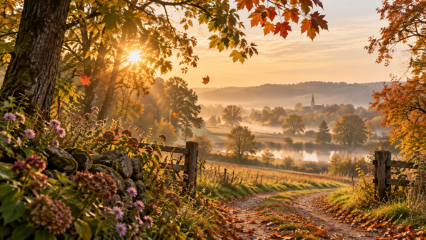 Herfstlandschap met een zonovergoten landweg, kleurrijke bomen, een meer en een dorp met kerktoren in de verte