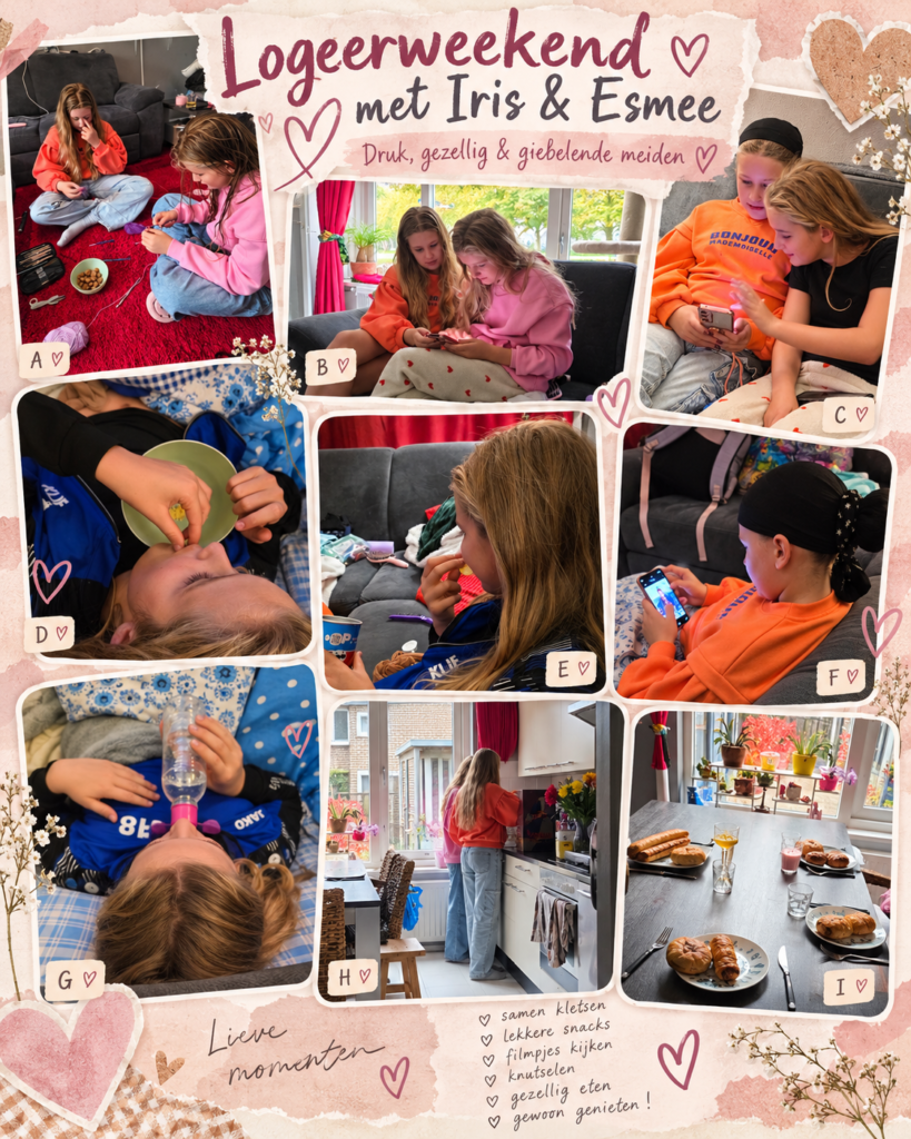 Fotocollage van Iris en Esmee tijdens hun logeerweekend: knutselen, smartphones gebruiken, ontspannen en samen eten